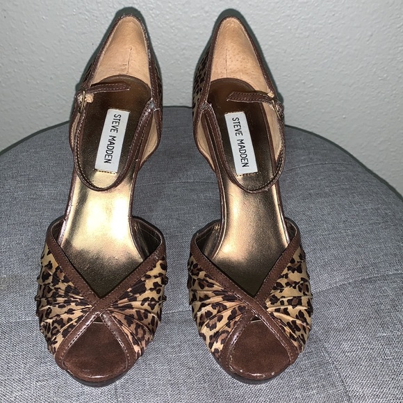 Steve Madden Maggie leopard print peep toe platform heels Sz 7.5 ankle tie - Picture 3 of 17